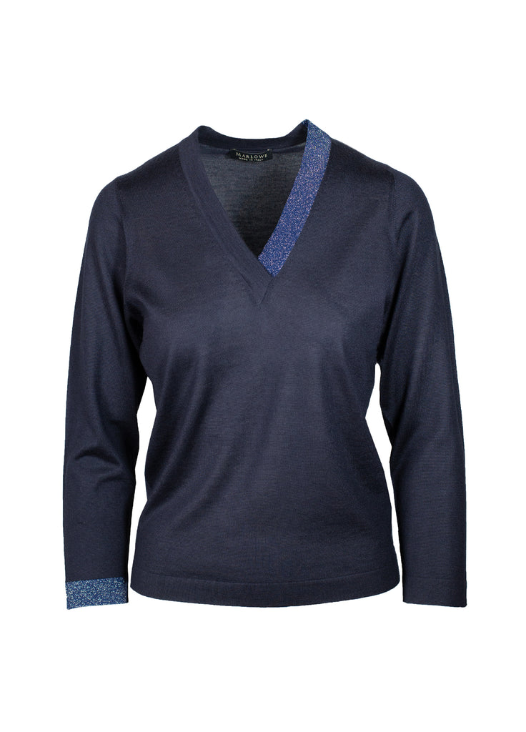 cashmere second skin V-neck sweater with lame neck band midnight navy