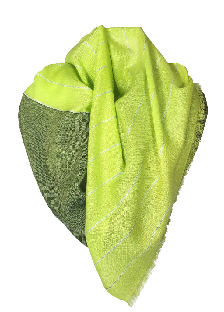 cashmere ultrafine scarf with silver metallic stripe chartreuse and navy