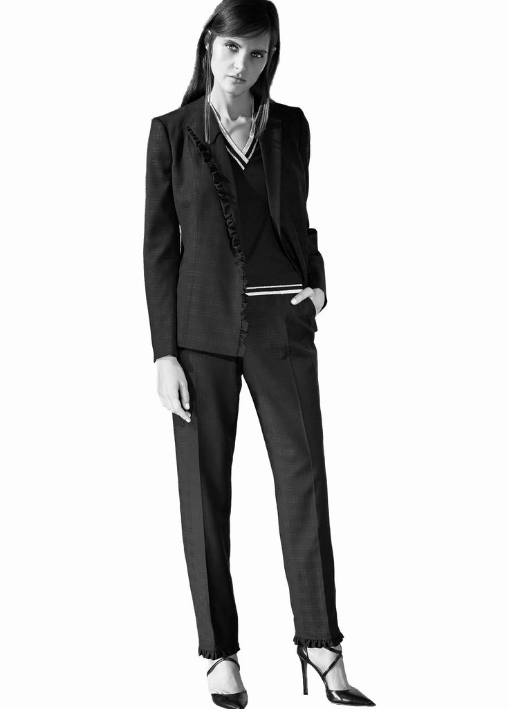 Women's suit jacket and taper leg pant with ruffle border black