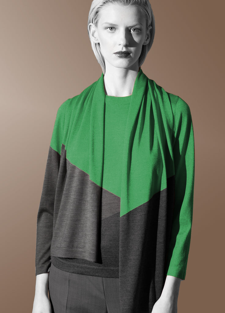 Cashmere triple tone sweater and scarf set in green with grey on model