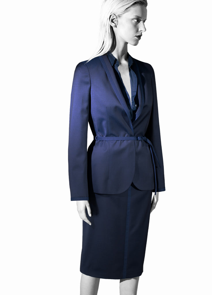 Women's single button wool shawl collar jacket with belt and matching skirt indigo blue