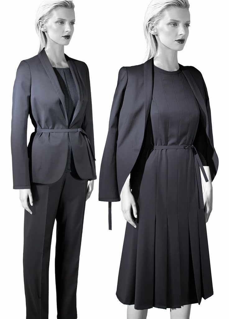 Women's single button wool shawl collar jacket with belt with slim trousers and fluid dress