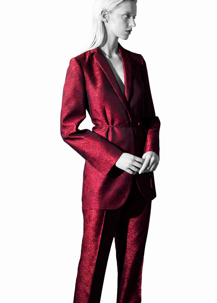 Lame long jacket and slim pant in garnet red on model