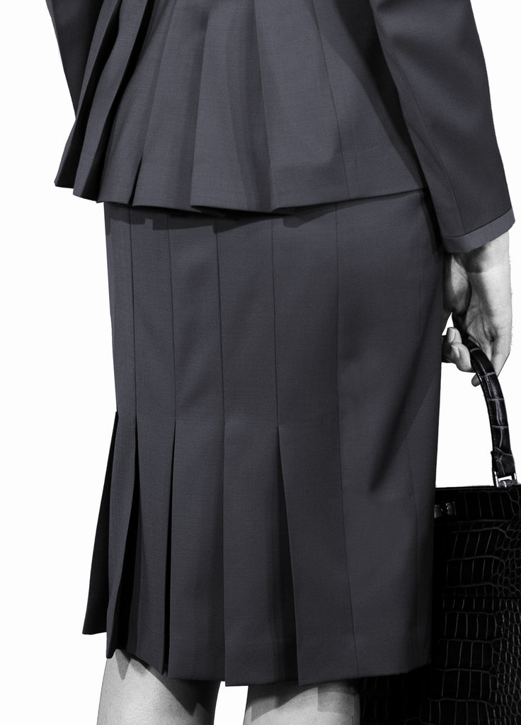 Women's single button wool shawl collar jacket with belt quartz back view pleats with skirt
