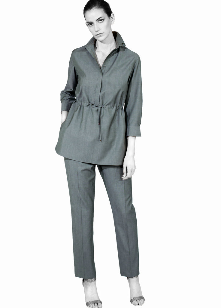 Women's slim khaki sage pant with matching long drawstring shirt