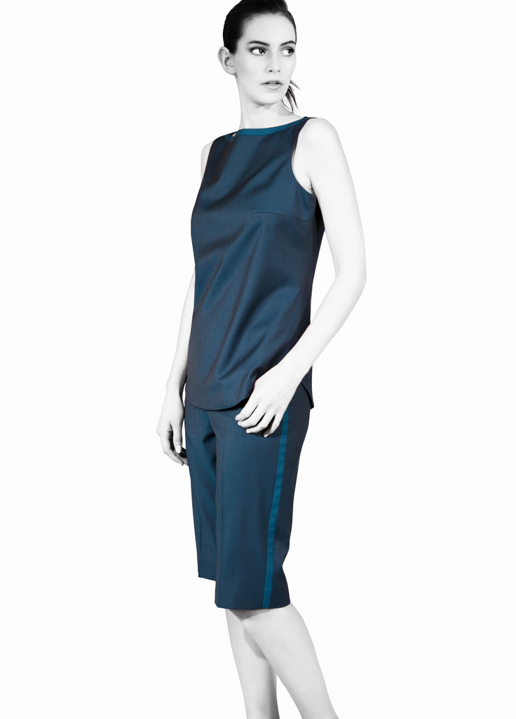 Fine wool sleeveless tailored top and shorts in teal