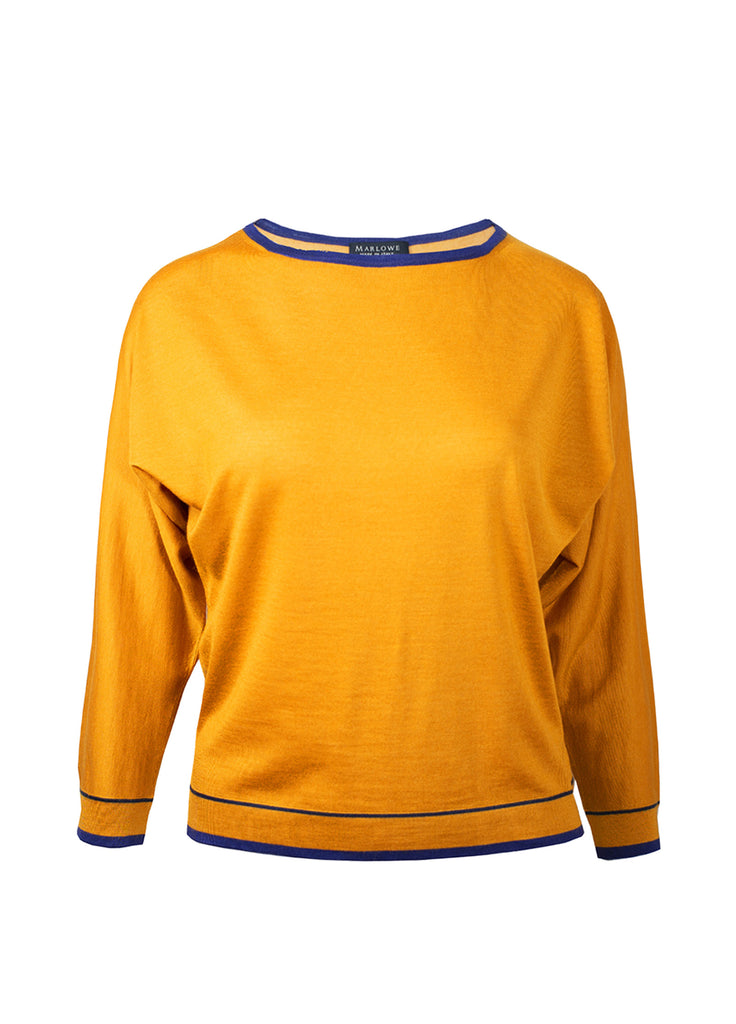 Women's cashmere boat neck sweater in marigold