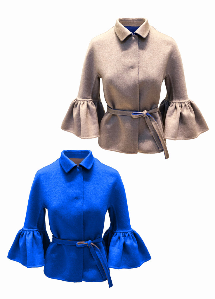 Women's cashmere double face reversible coat jacket cobalt blue camel