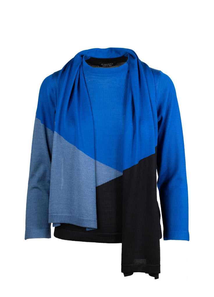 Women's cashmere crew neck color block sweater with scarf cobalt