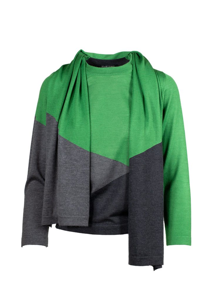 Women's cashmere crew neck color block sweater with scarf green