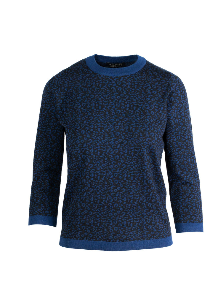 Women's cashmere leopard print crew neck sweater blue