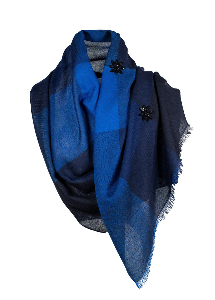 Cashmere scarf triple tone with bead flowers blue