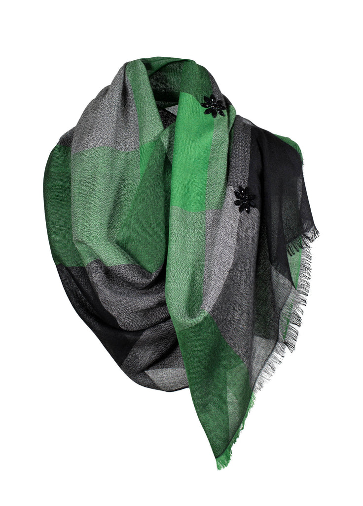 Cashmere scarf triple tone with bead flowers green