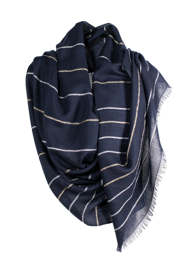 Cashmere scarf with metallic stripe blue