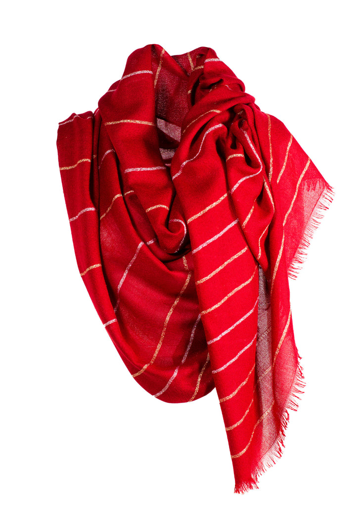 Cashmere scarf with metallic stripe red