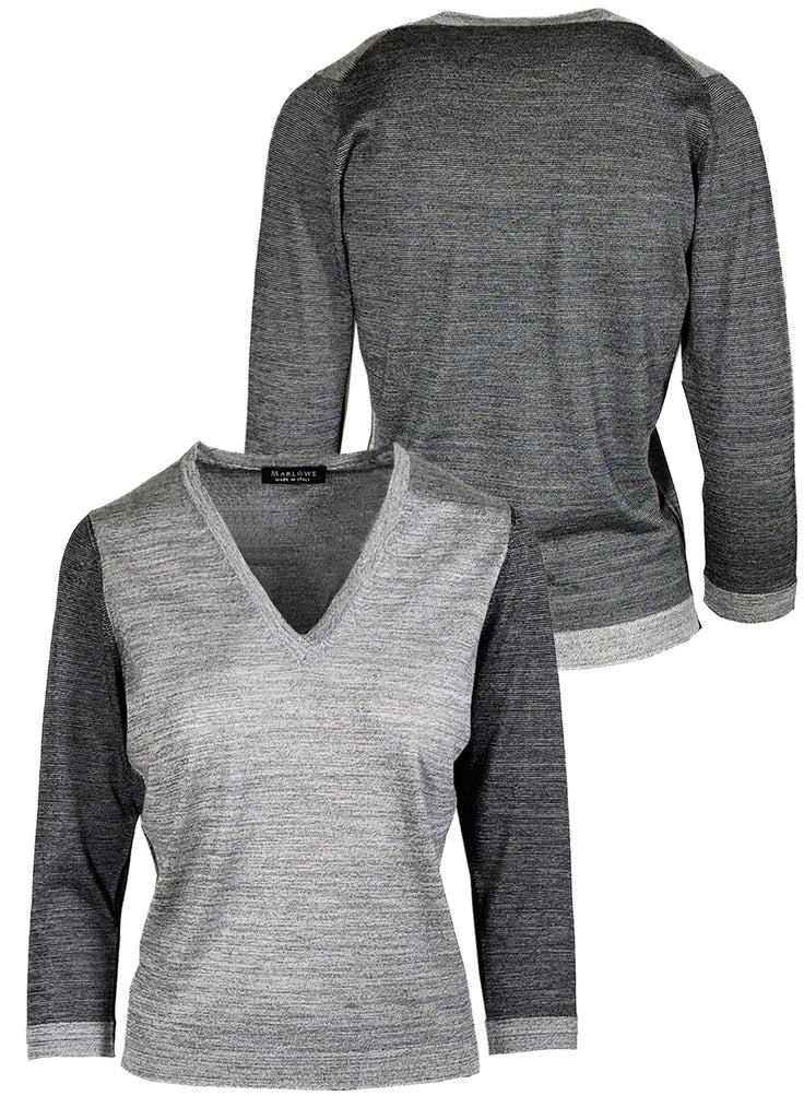 Women's cashmere two tone v neck sweater pearl and black front and back view