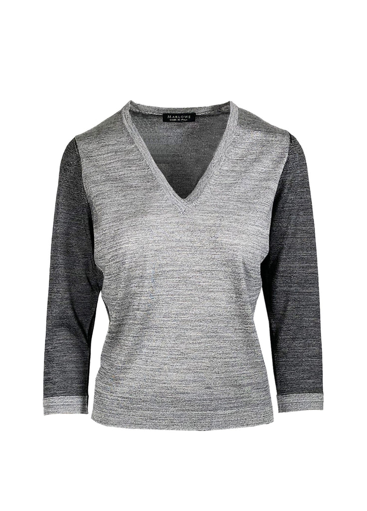 Women's cashmere two tone v neck sweater pearl and black