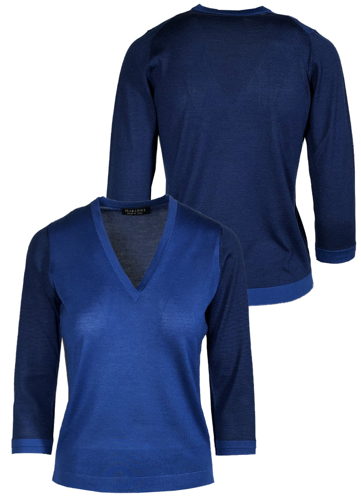 Women's cashmere two tone v neck sweater navy mercury blue front and back view