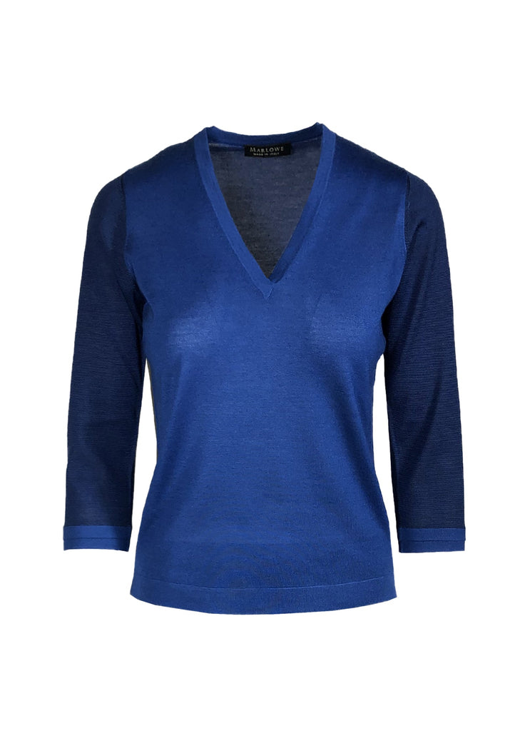 Women's cashmere two tone v neck sweater navy mercury blue