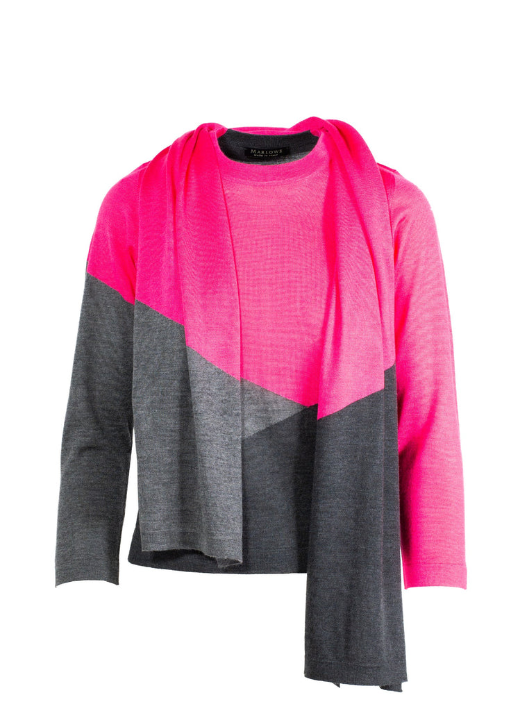 Women's cashmere crew neck color block sweater with scarf pink