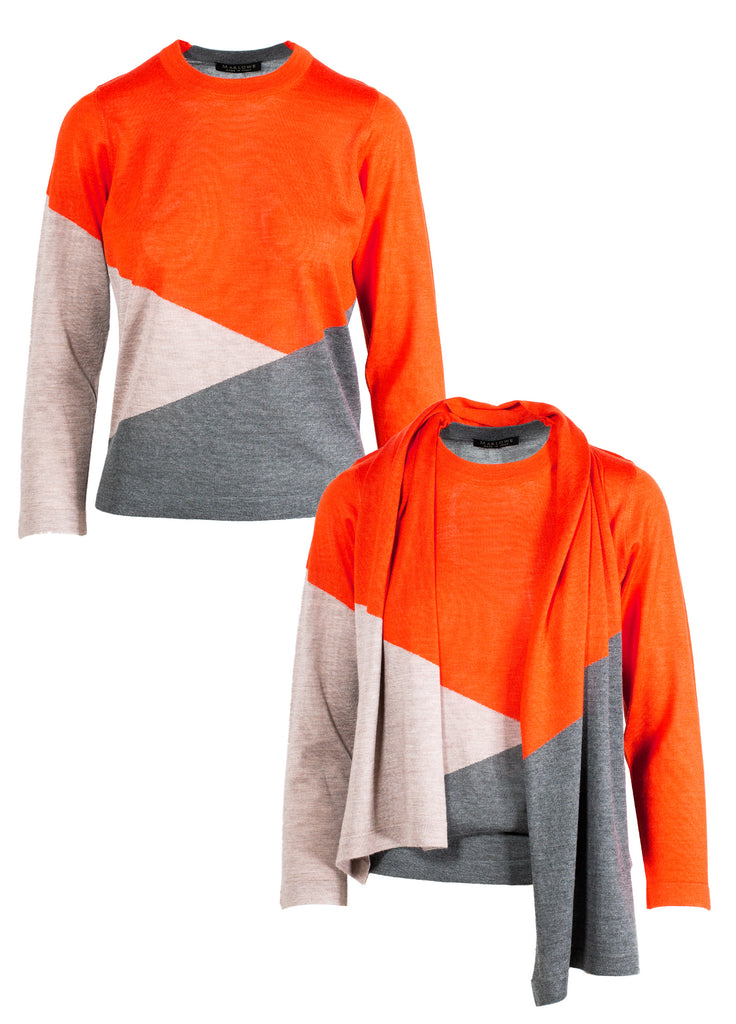 Women's cashmere crew neck color block sweater with and without scarf orange