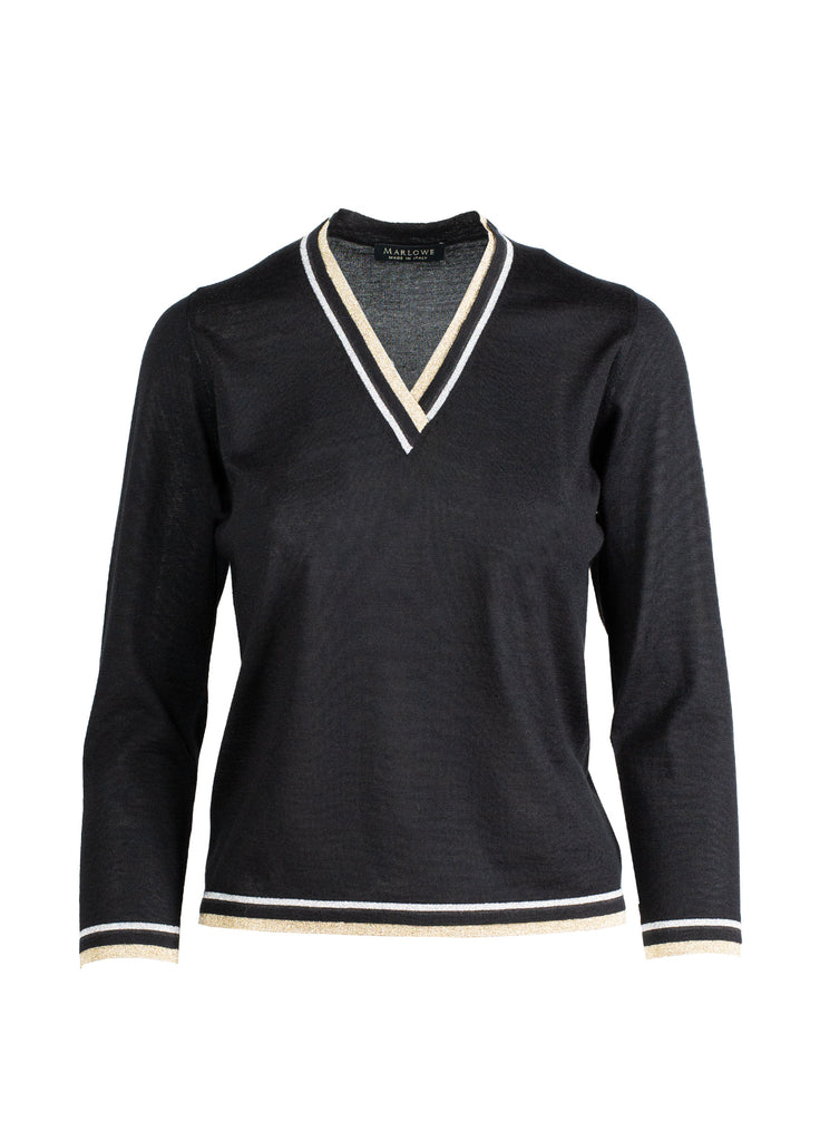 Women's cashmere sweater v neck metallic trim black