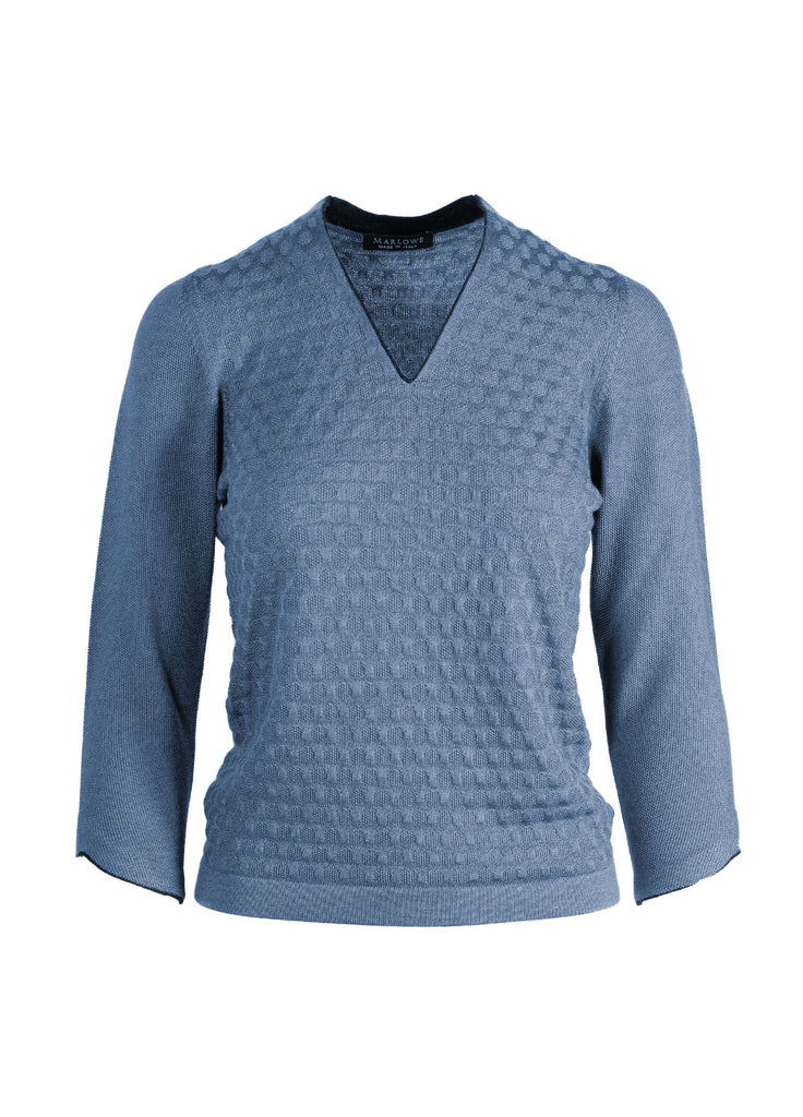 Women's cashmere textured V neck sweater blue