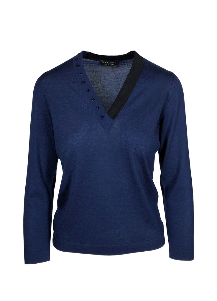 Cashmere vneck with two tone beaded neck line  azurite blue