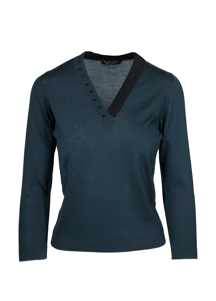 Cashmere vneck with two tone beaded neck line teal