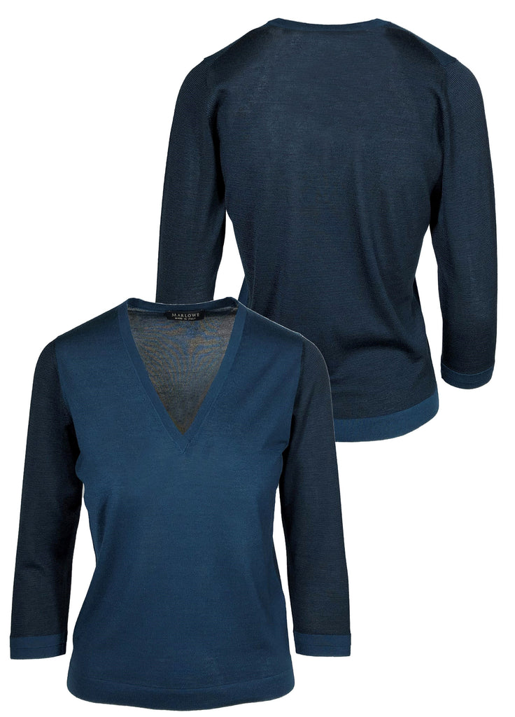 Women's cashmere two tone v neck sweater teal with black