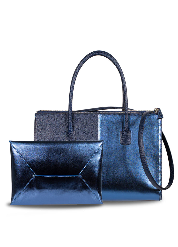 Leather envelope clutch metallic mercury blue with matching zipper bag