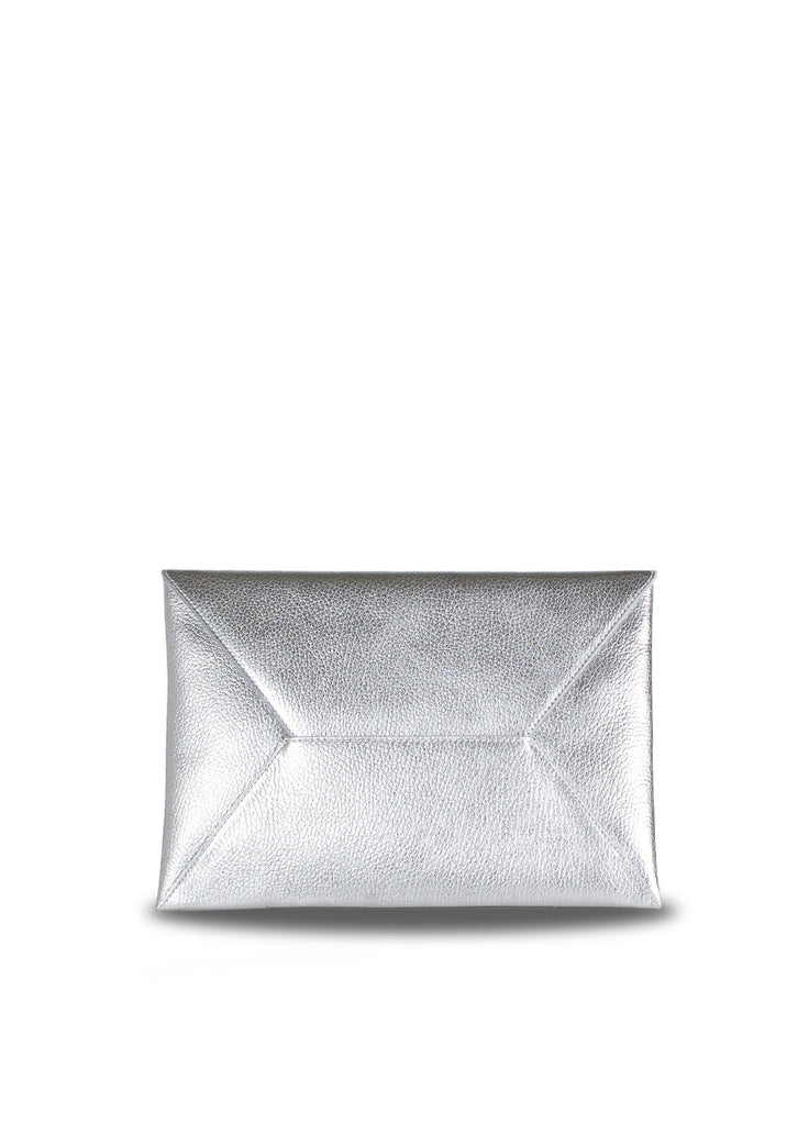 Leather envelope clutch metallic silver
