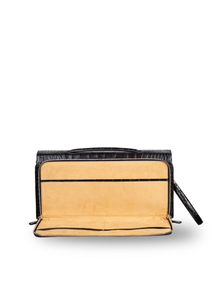 Designer clutch bag with top handle and multi compartments black front flap compartment