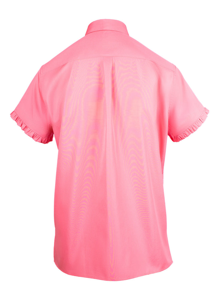 Women's short sleeve shirt with ruffles pink back view