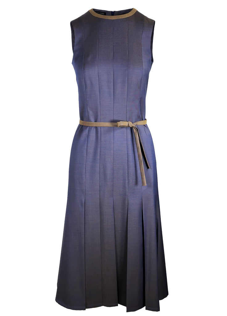 Fluid A-line wool dress in purple with camel trim and belt