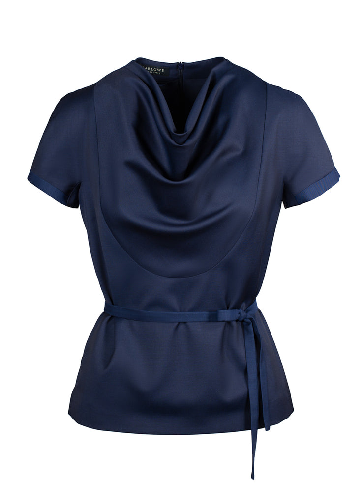 Drape neck wool top with belt indigo