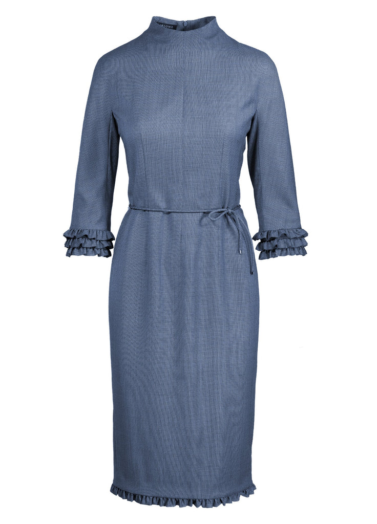 Dress with ruffle border and belt venetian blue