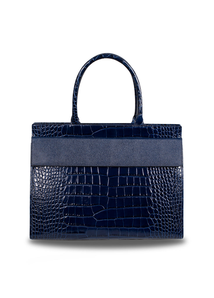 Leather tote bag with multi compartments large navy