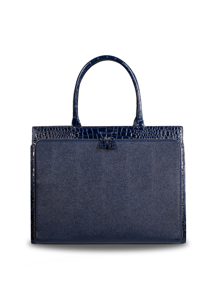 Leather tote bag with multi compartments large navy