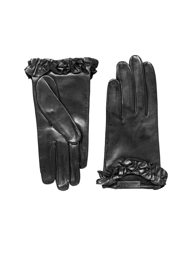 Leather short gloves with ruffle trim black