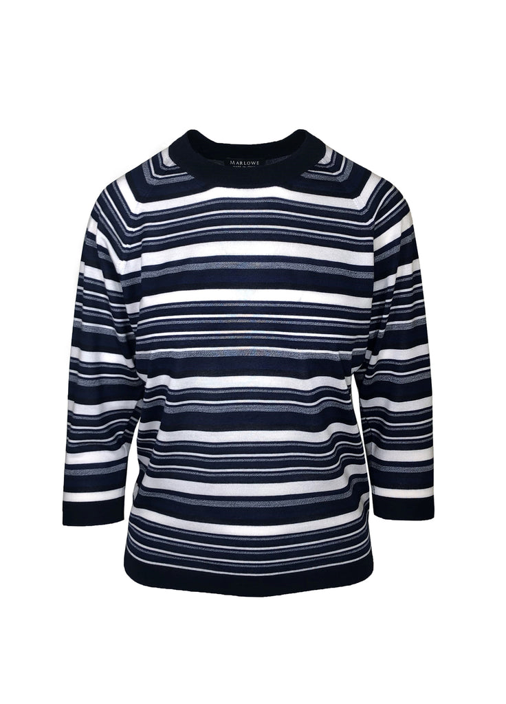 cashmere multi stripe crew neck in navy indigo blues