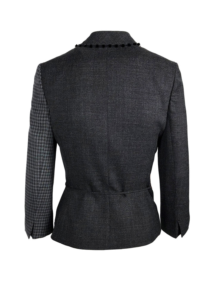 Women's wrap jacket with belt and bead trim plaid black back view