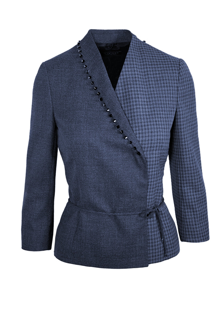 Women's wrap jacket with belt and bead trim plaid indigo