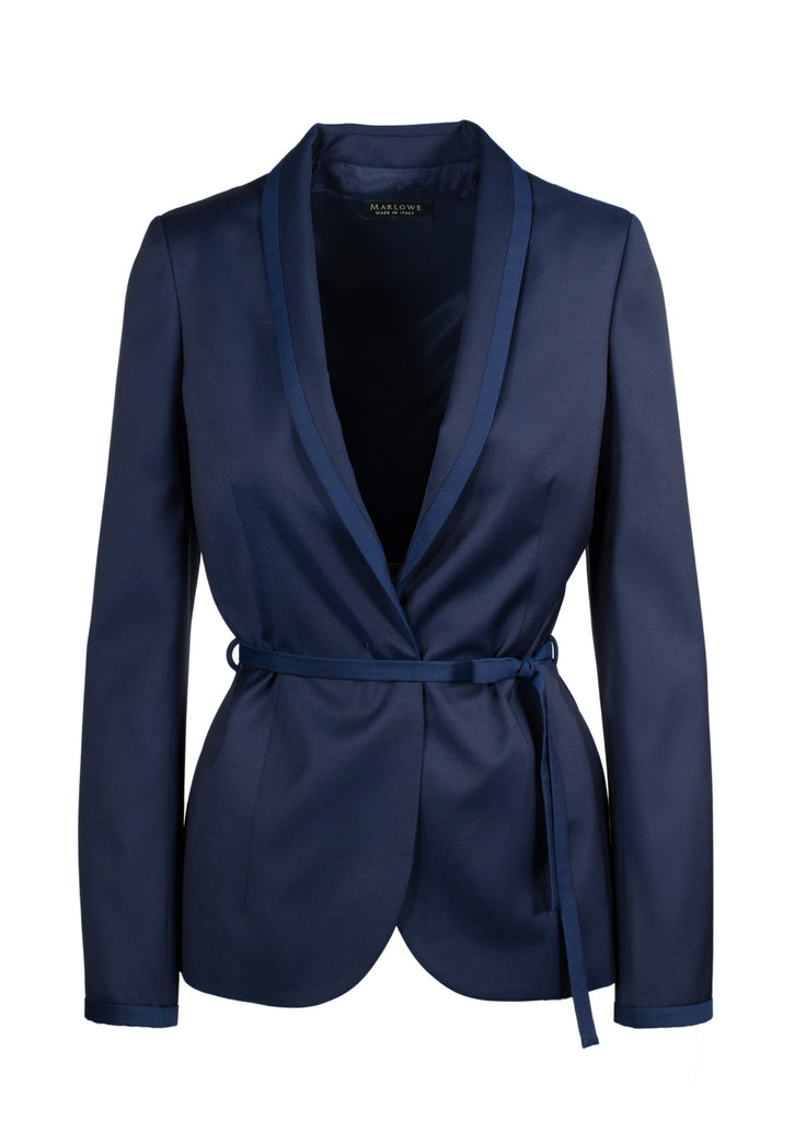 Women's single button wool shawl collar jacket with belt indigo