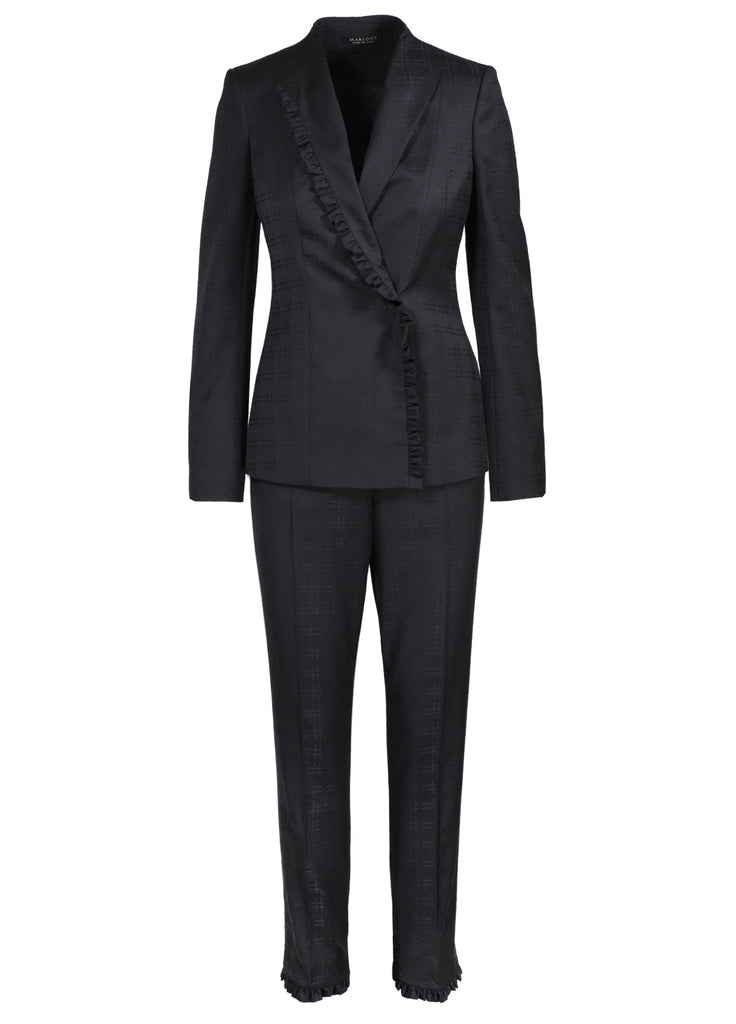 Women's suit jacket with ruffle border and slim pant black