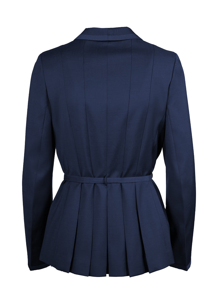 Women's single button wool shawl collar jacket with belt indigo back view of pleats
