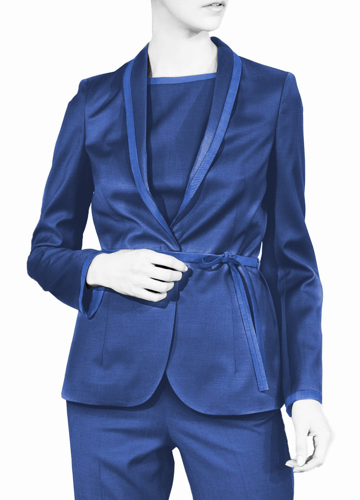 Women's single button wool shawl collar jacket with belt bright blue