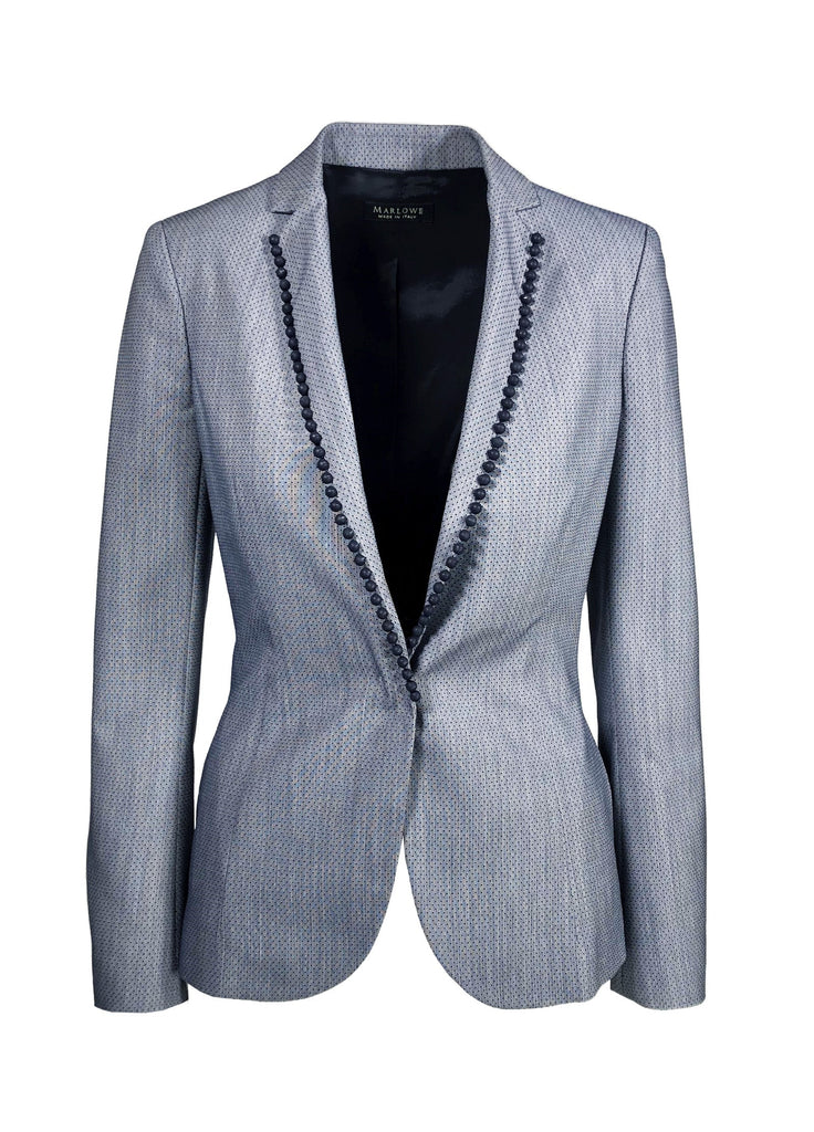 Women's single button jacket with beaded lapel blue alabaster