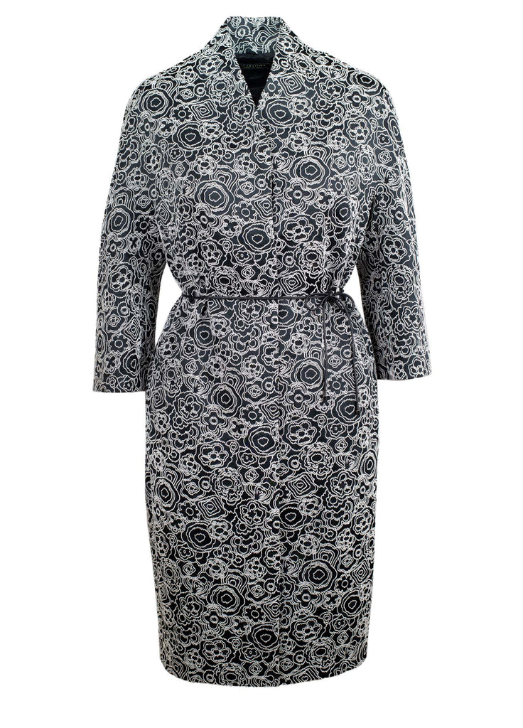 Women's long jacket with belt floral jacquard black and white