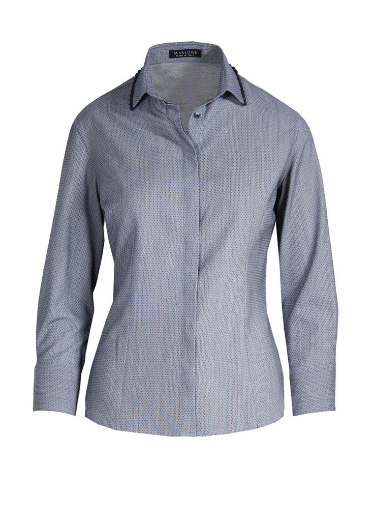 Shirt with pin dot and beaded collar blue alabaster